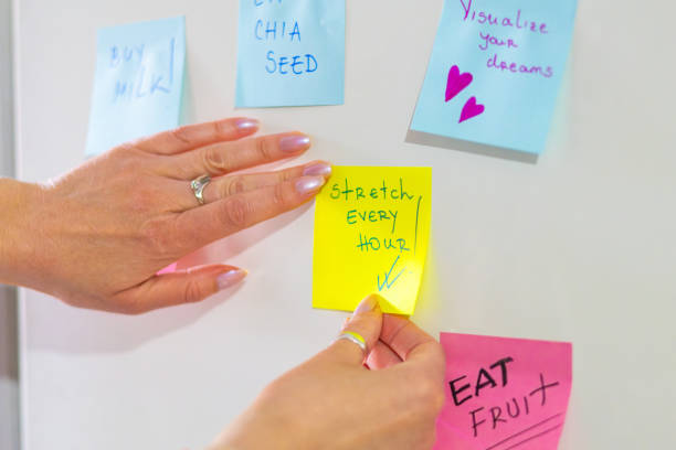 istock Woman planning her day using sticky notes on the fridge. Reminder notes helping her to be more productive and positive all day. 2198837211