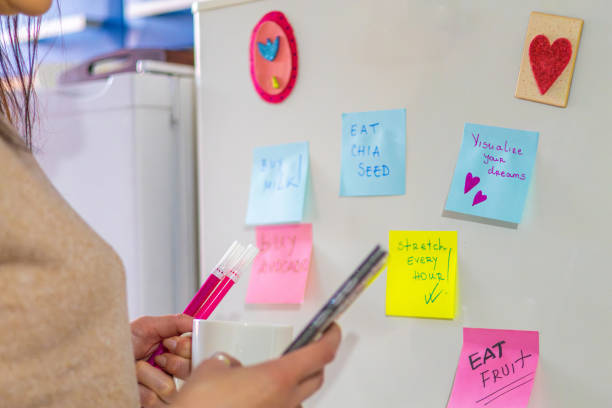 istock Woman planning her day using sticky notes on the fridge. Reminder notes helping her to be more productive and positive all day. 2198837911