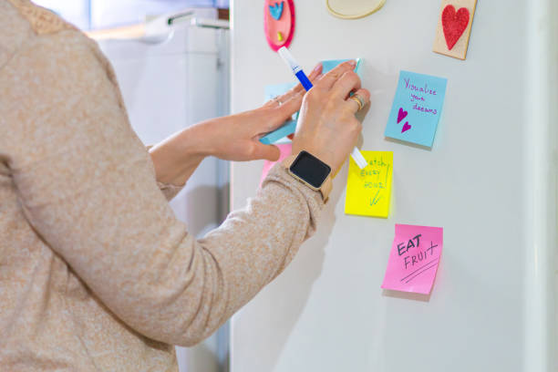 istock Woman planning her day using sticky notes on the fridge. Reminder notes helping her to be more productive and positive all day. 2198838057