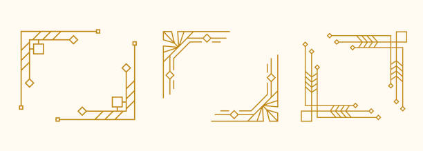 zestaw złotych ramek art deco style line. granice w stylu vintage. kolekcja elementów dekoracyjnych minimalistycznych projektów w stylu retro - art deco stock illustrations