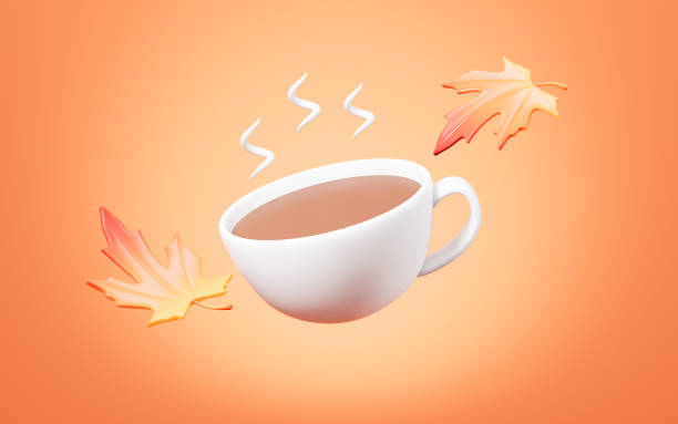 istock Cartoon coffee and maple leaves in the yellow background, 3d rendering. 2198840556