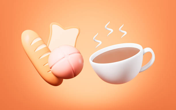 istock Cartoon coffee and kind of breads, breakfast time, 3d rendering. 2198840560