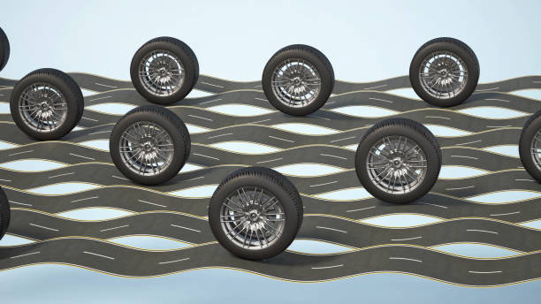 Various tire designs roll across an abstract road layout featuring vibrant colors and dynamic patterns, showcasing creativity in automotive design and road aesthetics. 3D illustration.