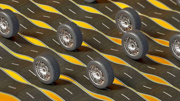 Various tire designs roll across an abstract road layout featuring vibrant colors and dynamic patterns, showcasing creativity in automotive design and road aesthetics. 3D illustration.