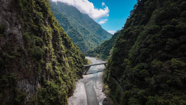 istock Serene blue sky over Taroko National Park with lush mountains and a bridge spanning the river 2198847491