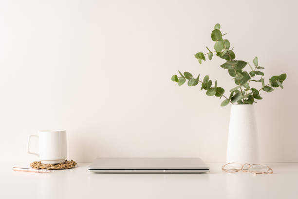 istock A neat and calming workspace setup featuring a laptop, coffee mug, pen, and pottery vase with eucalyptus. Perfect for minimal aesthetic enthusiasts and remote work productivity 2198847710