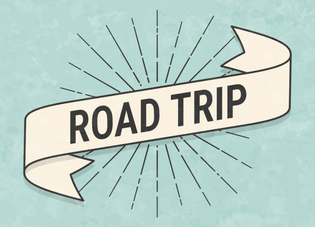 Road Trip. Banner, ribbon, label in a trendy vintage style. Beautiful retro ribbon with old textured paper and sunbursts in the background. Colors used: green, blue, beige and black. The banner is beige with a black outline, the sunbursts and the text are black. The background is green-blue. Vector Illustration (EPS file, well layered and grouped). Easy to edit, manipulate, resize or colorize. Vector and Jpeg file of different sizes.