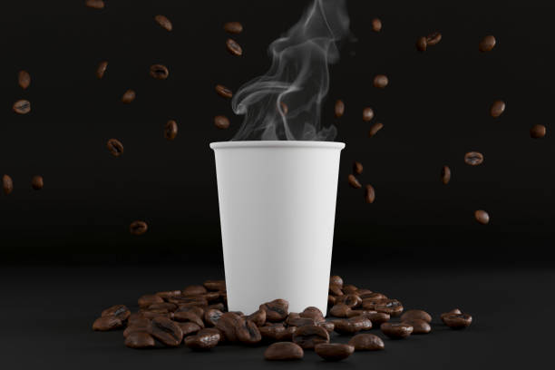 istock White coffee cup with hot drink and steam, and with coffee beans on black background. 3D animation. Coffee to go. Copy space. Place for text and designs. Template. 2198850871