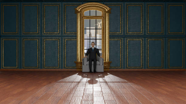 Interior day. Single man, alone, sitting in armchair in old and elegant room in front of window with landscape.