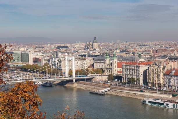 Left bank part of Budapest - Pest with Elisabeth Bridge across the River Danube on a foreground, view from Gellert Hill at autumn sunny day, Hungary