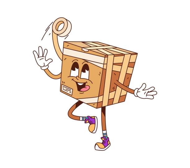 cartoon groovy delivery box charakterverpackung - cool-pack stock-grafiken, -clipart, -cartoons und -symbole
