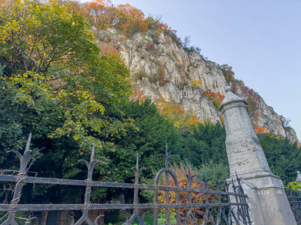 Steep rock face partly overgrown with trees with autumn leaves in shade, forged fence with decorative stone columns on a foreground