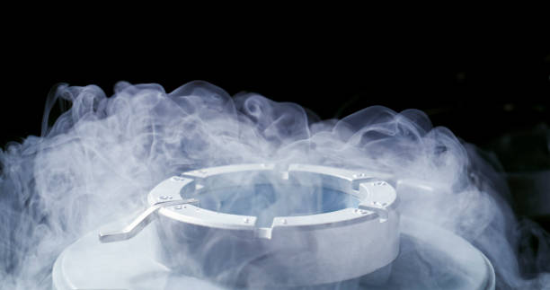 A sleek cryogenic chamber enveloped in swirling vapor against a dark backdrop. The mist creates an ethereal atmosphere, hinting at advanced scientific and technological processes in a controlled environment.