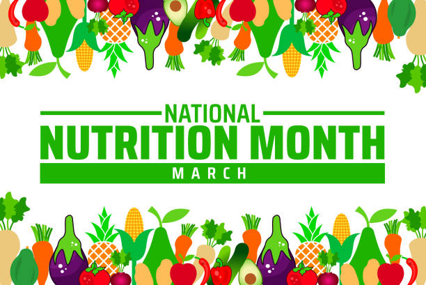 illustrations, cliparts, dessins animés et icônes de bannière d’arrière-plan du mois national de la nutrition ou modèle de conception d’affiche. observée chaque année au mois de mars. concept de vacances. utilisez-le pour n’importe quel modèle, carte, affiche, pancarte, modèle. - hygiène alimentaire