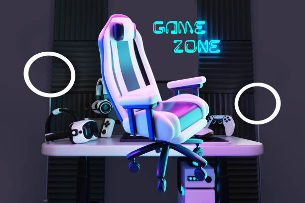 istock Game zone with gamer chair on dark 3d background. Night room interior with computer on table, armchair, led ring lamp, neon light sign on wall. Furniture and equipment for cyber sport 2198864501