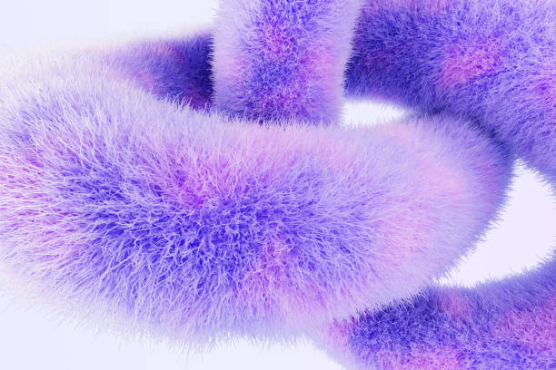 istock Pastel purple and pink fluffy 3d background. Abstract fur geometric shape with hairy texture and color gradient. Dynamic bg with curve twisted line of furry soft wool, render banner 2198864504