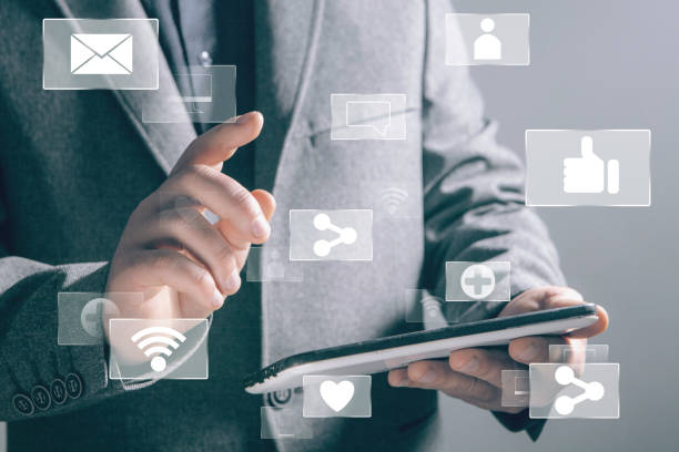 istock icons for social networks. like, share, wifi, computer. businessman clicks on the screen 2198865038