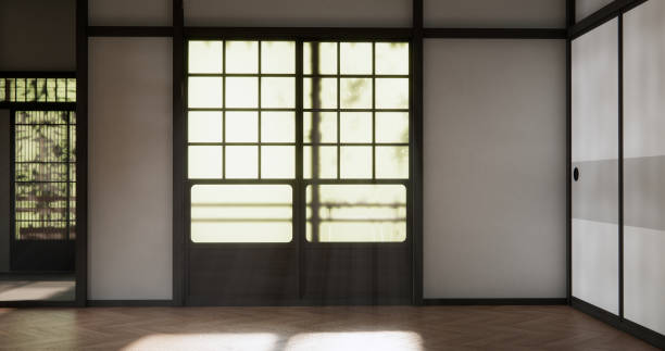 istock Muji style Empty room minimal with wood panels wall background 2198869102