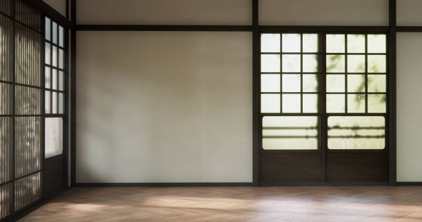 istock Muji style Empty room minimal with wood panels wall background 2198869107