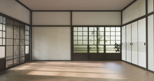istock Muji style Empty room minimal with wood panels wall background 2198869123