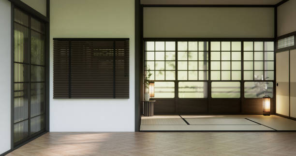 istock Muji style Empty room minimal with wood panels wall background 2198869314