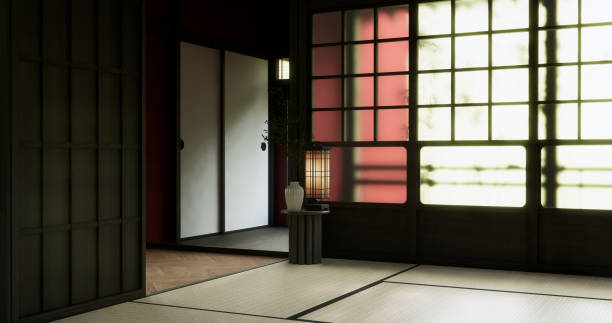 istock The interior color Red room inteior with tatami mat floor.3D rendering 2198869331