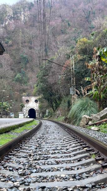 istock Railroad tracks going into a dark tunnel 2198880645
