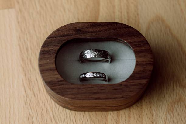 istock Elegant Silver Wedding Rings in Wooden Box 2198885229