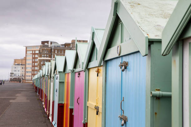 Historic and famous highly colourful beach hut of Hove and Brighton in United Kingdom.