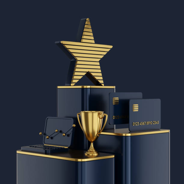 Golden Trophy, Winners Cup and Banking 3d symbols on a Podium