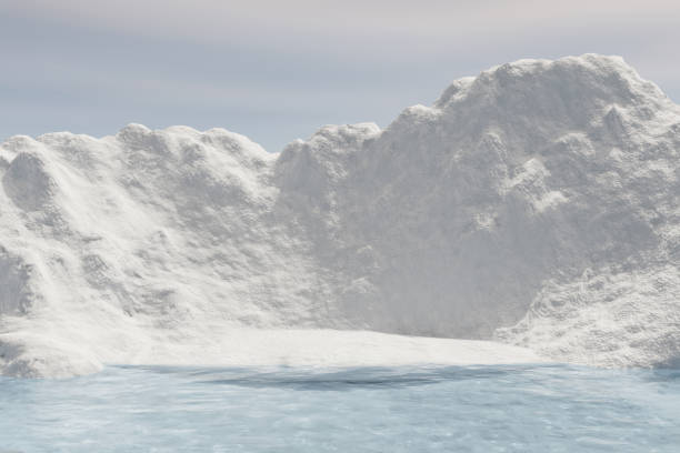 A massive icy bluff covers the frozen shore of Baikal Lake, Russia, under a deep blue evening sky in winter. This panoramic outdoor scene features dramatic ice shapes, seasonal textures, and ample copy space for nature, environment, or climate concepts.