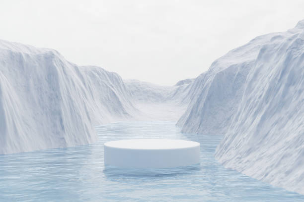 istock 3d render platform background and empty round stage, Ice podium on the frozen lake with ice snow mountain in winter for product stand display, advertising cosmetic, products, skincare or etc 2198899372