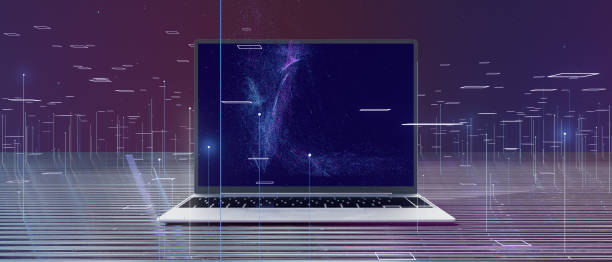 istock A laptop is displayed with a purple background and a blue screen 2198900041