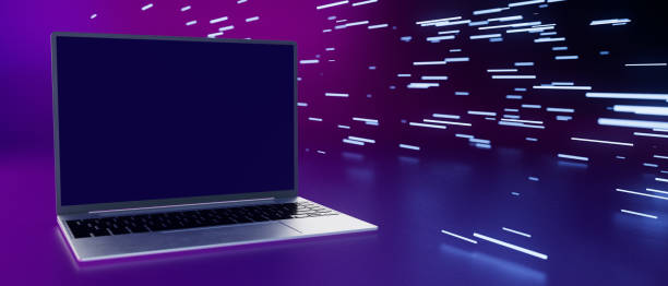 istock A laptop is shown with a purple background and a white screen 2198900042