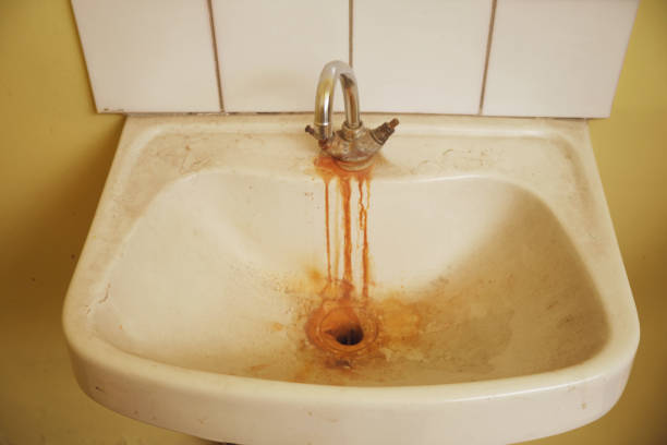 istock Old white ceramic sink with rust stains and broken faucet mounted on tiled wall. Decay and neglect concept 2198904054
