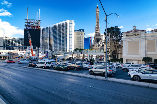 Las Vegas, Nevada, USA. January 23. 2023 Traffic, bars, restaurants and the Eiffel Tower on Main Street Las Vegas.