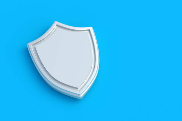 istock One shield on blue background. Protection symbol. Guaranty emblem. Access badge. Copy space. 3d render 2198910876
