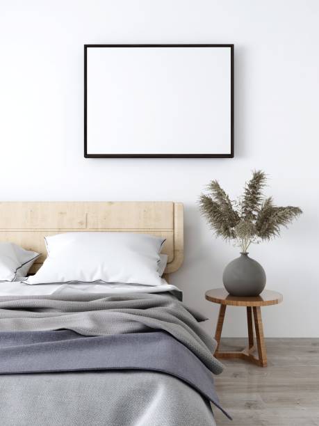 istock Bedroom with blank horizontal frame mockup, interior decoration with plants 2198911187