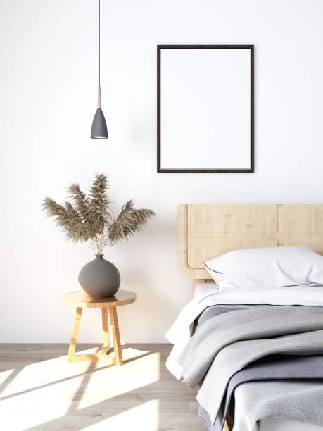 istock Bedroom with blank vertical frame mockup, interior decoration with plants 2198911216