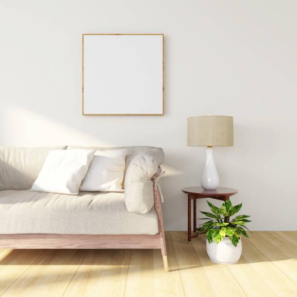 istock Living room with a blank square frame mockup, natural interior decoration with plants and a lamp 2198911223