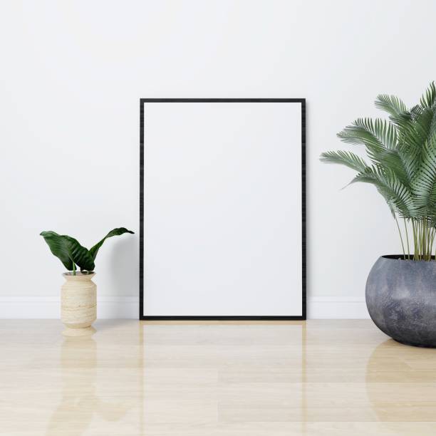 istock Room with a vertical frame mockup on the floor and ornamental plants 2198911528