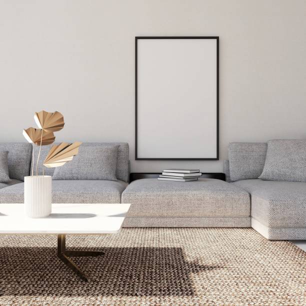istock Modern living room with vertical frame mockup, gray sofa and interior decor 2198911686