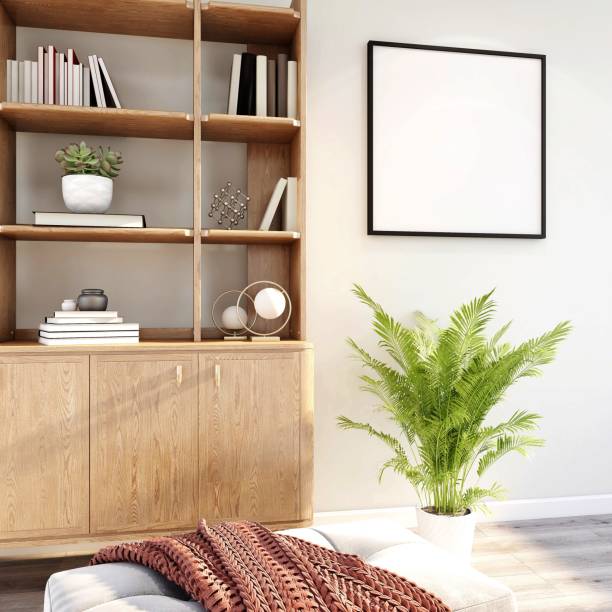 istock Room with a square frame mockup, storage cabinet decorated with plants, books and table decorations 2198911694