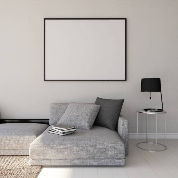 istock Modern living room with horizontal frame mockup, gray sofa and interior decor 2198911696