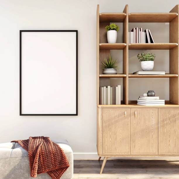 istock Room with a vertical frame mockup, storage unit decorated with plants, books and table decorations 2198911697