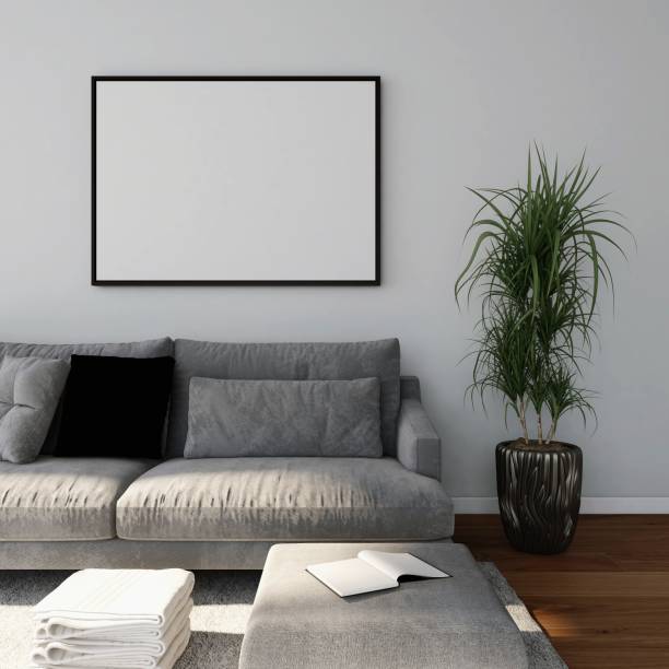 istock Living room with horizontal frame mockup, gray sofa and interior decoration with ornamental plant 2198911984