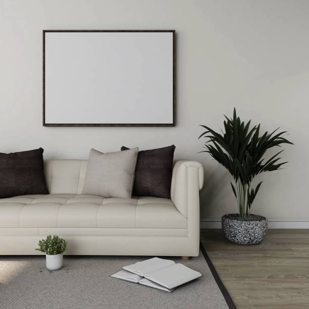 istock Living room with horizontal frame mockup, beige sofa and interior decoration with ornamental plants and books 2198912005