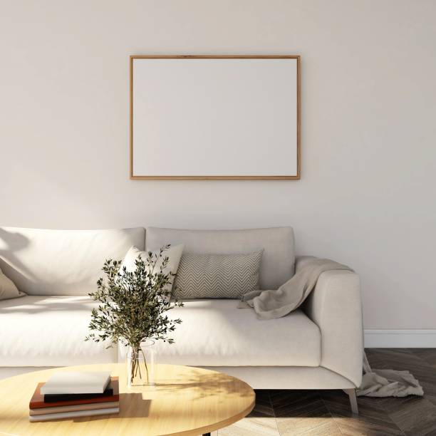 istock Cool living room with horizontal frame mockup, beige sofa and table decorated with plant and books 2198912055