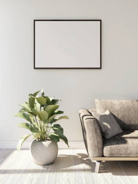 istock Living room with blank horizontal frame mockup, gray sofa and ornamental plant 2198912072