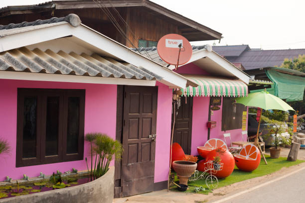 Small pink colored thai homestays at street in rural town in Chiang Mai province. In front are plants and outdoor furniture in shape of cut oranges. Name of homestay and town unknown